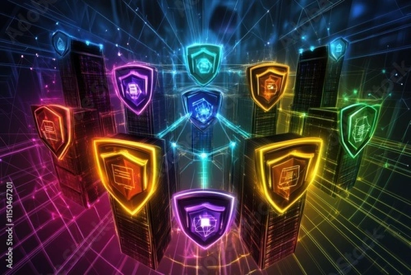 Obraz Cartoon-style illustration of a group of servers surrounded by glowing protective shield icons connected through vibrant network nodes in an exaggerated gigapixel design.
