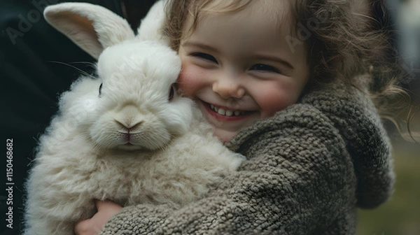 Fototapeta A joyful toddler hugging a fluffy bunny during an Easter petting zoo event.