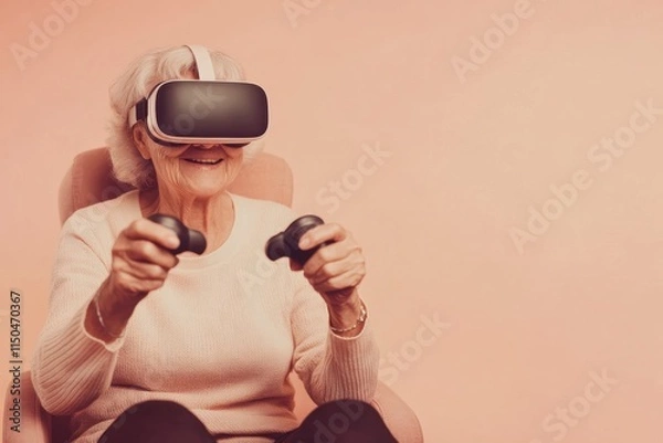 Obraz Elderly woman experiences virtual reality while smiling and holding controllers in a cozy setting