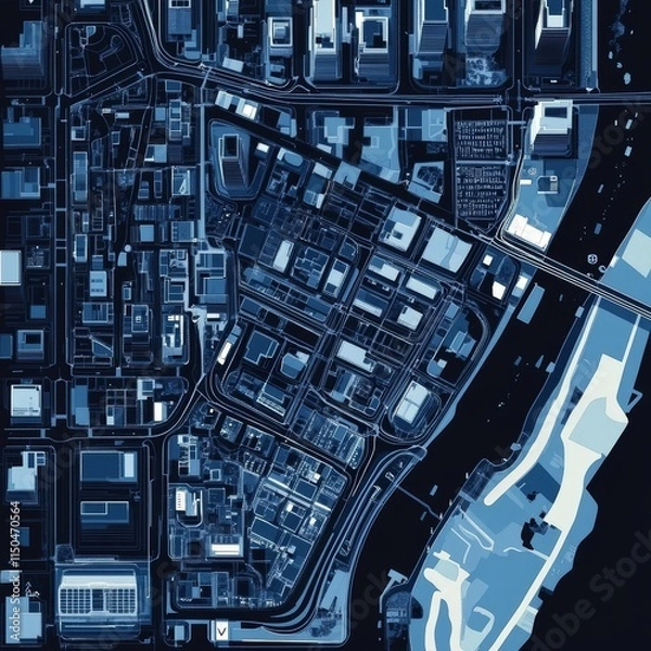 Obraz Urban Cityscape Displayed in a Dark Blue Aerial View During the Evening, Showcasing Buildings, Roads, and Rivers in a Vibrant Metropolis