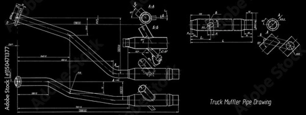 Fototapeta Truck muffler pipe assembly drawing.
Engineering mechanical draft of cargo vehicle. 
Industrial cad scheme on paper sheet. 
Technology design of machine building industry. 
Machined template.