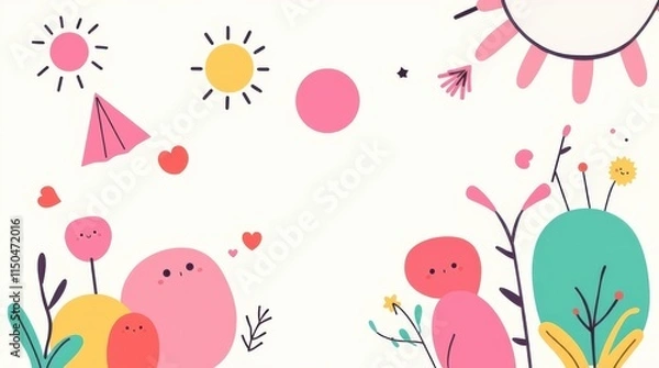 Fototapeta Cheerful characters in a colorful background creative graphic design playful setting whimsical environment