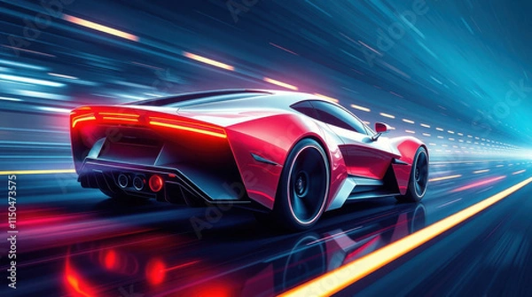 Fototapeta Dynamic sports car racing action urban background digital art nighttime environment rear view perspective