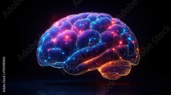 Fototapeta A human brain with neon connectivity illustrates ideas and creative thinking; this art represents intelligence, information processing, and neuro patterns