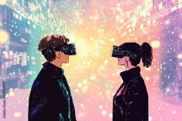 Obraz Engaging Avatars in a Virtual Meeting Space with Playful Cartoon Style Illustration and Vibrant Glowing Tones in a Futuristic Environment