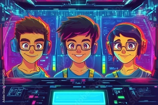 Obraz Engaging Virtual Meeting Space Featuring Playful Cartoon Style Avatars in Vibrant Tones with Glowing Elements and a Futuristic Background