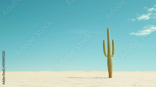 Fototapeta Lonely saguaro cactus standing in a vast desert under a bright blue sky