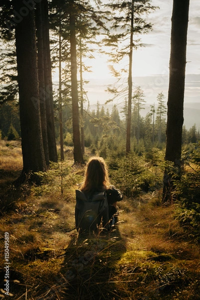 Fototapeta A woman is sitting in the middle of a serene forest with her backpack