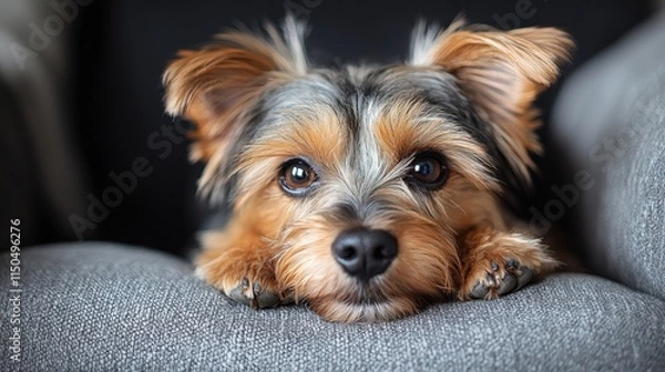 Obraz Adorable yorkshire terrier puppy resting on cozy gray sofa looking curious