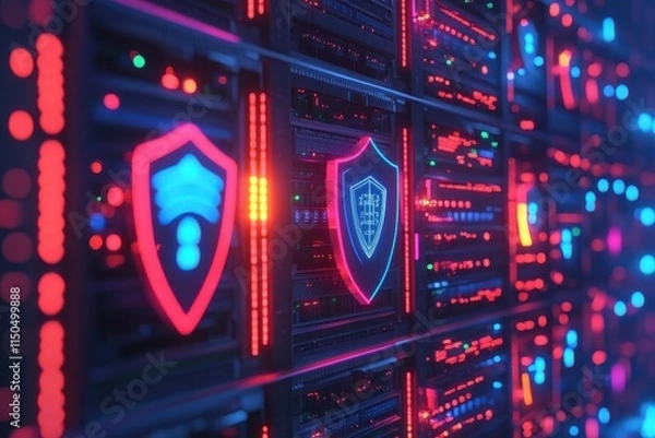 Obraz Group of Digital Servers Encased in Protective Shields Surrounded by Glowing Network Nodes in Cartoon Style Illustration with an Exaggerated Gigapixel Effect
