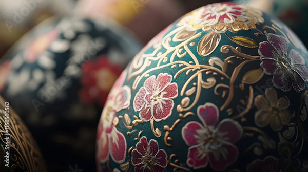 Fototapeta A close-up of intricately decorated Easter eggs with floral and geometric patterns.