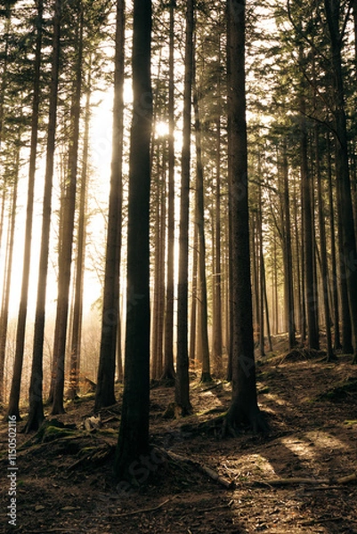 Fototapeta The warm sun is shining brightly through the trees in the forest
