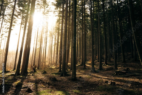 Fototapeta The warm sun is shining brightly through the trees in the forest