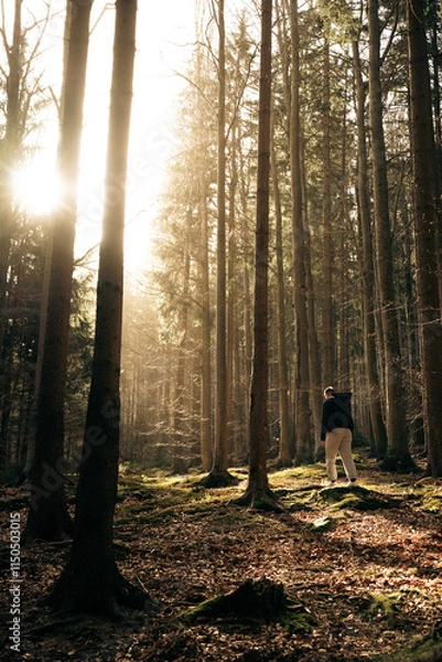 Fototapeta A man in a forest with sunlight shining through the trees