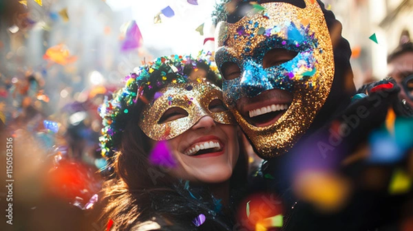 Fototapeta A couple wearing matching carnival masks surrounded by confetti and laughing in the crowd.