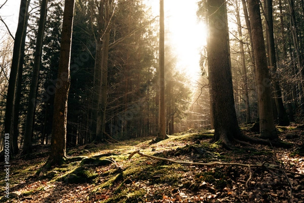 Fototapeta The warm sun is shining brightly through the trees in the forest
