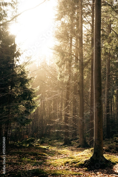 Fototapeta The warm sun is shining brightly through the trees in the forest