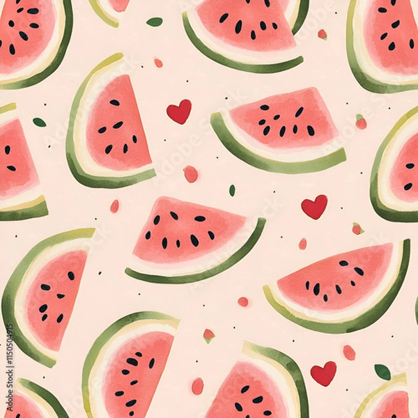 Fototapeta Retro-Inspired Watermelon Design with Hand-Painted Slices and Subtle Heart Details, Modern Hand-Painted Watermelon Slice Pattern with a Fun Summer Aesthetic
