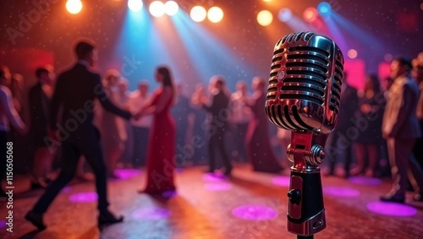 Fototapeta Microphone close-up on blurry background of party. Dancing people in large hall in rays of colorful lights. Festive evening at club, restaurant or bar