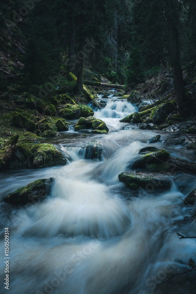Fototapeta A peaceful river gently flowing through a lush, green forest area