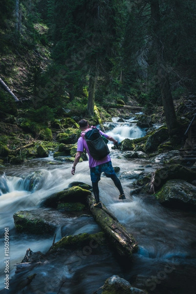 Fototapeta A man carrying a backpack carefully crosses over a river on a log