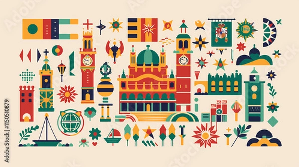 Obraz Spain Symbols Banner Illustration in Flat Vector Style