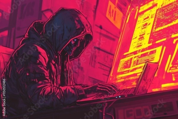 Obraz Mysterious Hacker in Hooded Figure Typing on Laptop Surrounded by Glowing Warning Signs in Vibrant Neon Colors, Cartoon Style Drawing in Dark Atmosphere
