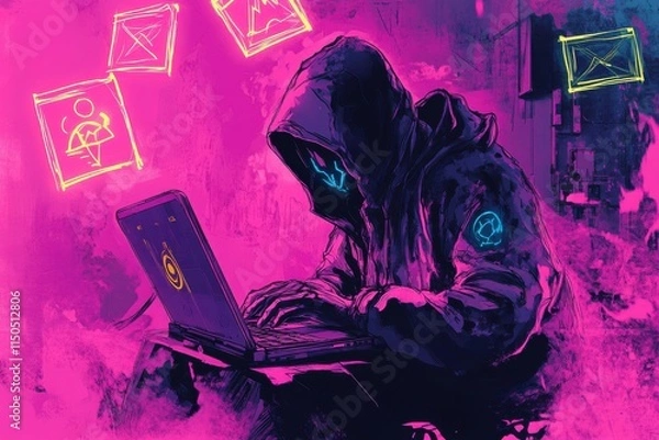 Obraz Mysterious Hooded Figure Typing on Laptop in Cartoon Style with Glowing Warning Signs in Vibrant Neon Colors Against a Dark Background