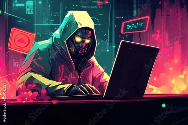 Obraz Mysterious Hooded Figure Typing on Laptop Surrounded by Glowing Warning Signs in a Dark, Vibrant Neon Cartoon Style Scene