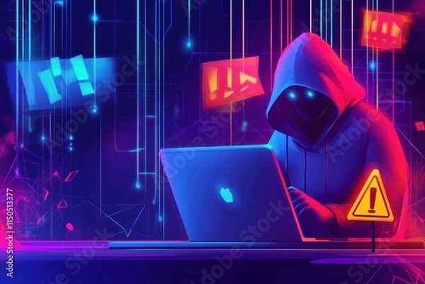 Obraz Mysterious Hooded Figure Typing on Laptop with Glowing Warning Signs in Dark Cartoon Style, Vibrant Neon Colors Creating an Intriguing Atmosphere