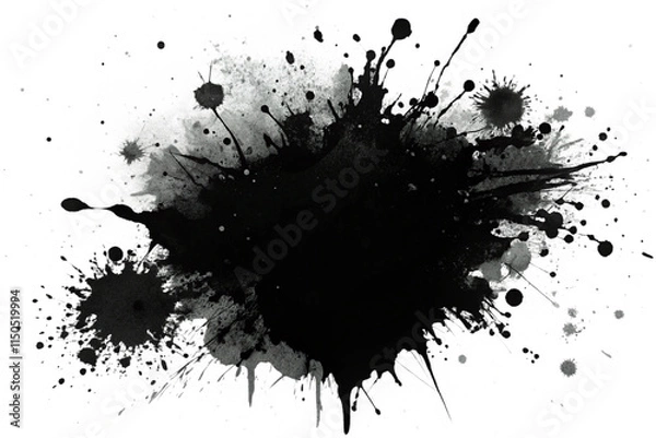 Fototapeta Black ink splatter, abstract, chaotic, dynamic, high contrast, monochrome, paint splash, explosive, organic shape, textured, artistic, expressive, fluid, spontaneous, grunge aesthetic, dramatic, splat
