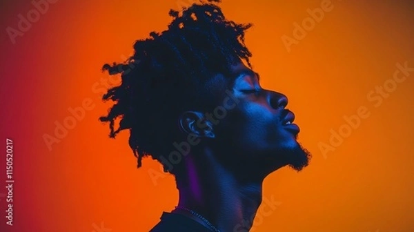 Fototapeta Profile portrait of a young Black man with dreadlocks, illuminated by vibrant orange and purple light.