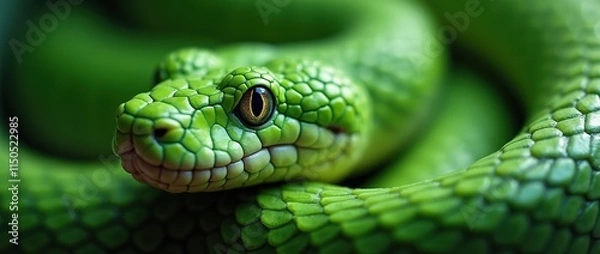 Fototapeta bright shiny green snake close up