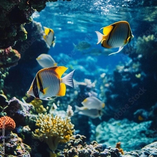 Fototapeta Colorful fish swim among coral reefs in a vibrant underwater scene teeming with marine life in a tropical location