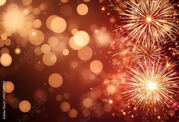 Obraz Golden fireworks explode against a blurred background of warm-toned bokeh lights.