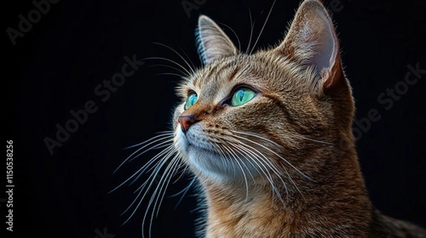 Fototapeta Close-up of a tabby cat with striking green eyes against a dark background