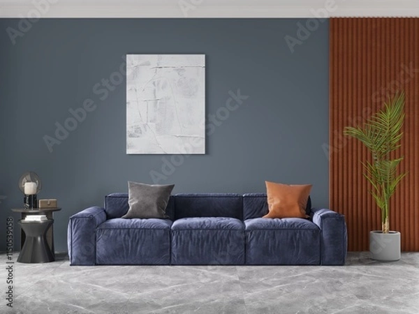 Fototapeta Mock up of a stylish living room with an exclusive comfortable sofa and a fashionable decorative background, 3D rendering.