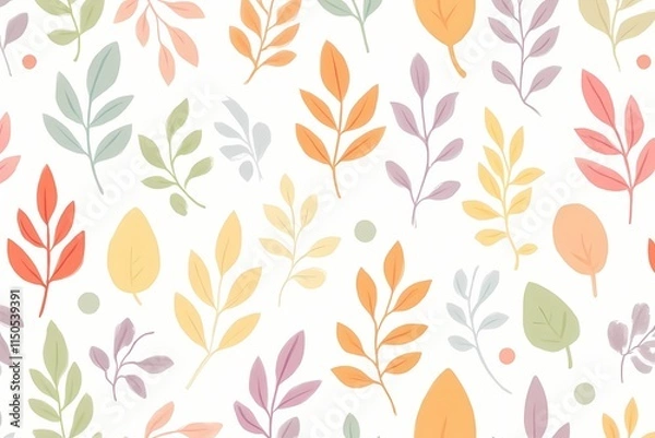 Fototapeta Charming botanical pattern featuring colorful leaves and gentle dots on a light background
