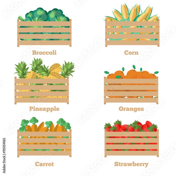 Fototapeta Wooden box with fruits and vegetables. Vector illustration of the harvest. Iisolated objects of fresh, natural food. Cart with product for supermarket. Diet and organic food template.