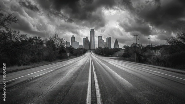Fototapeta Dramatic Black and White Cityscape: Austin Skyline from a Long Road
