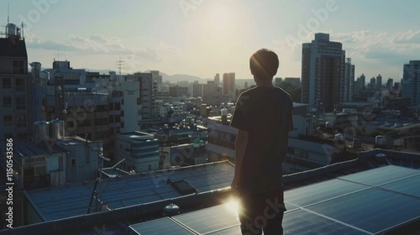 Fototapeta Person standing on rooftop at sunset, overlooking cityscape.