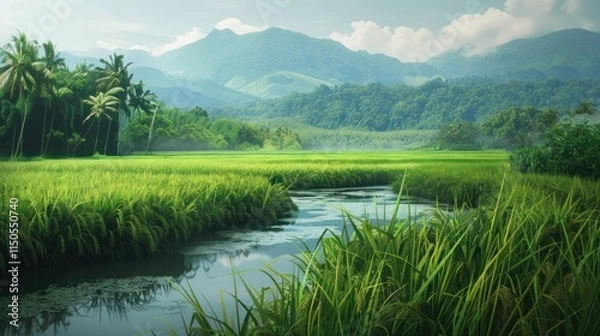 Fototapeta Lush green rice paddy field beside a tranquil river flowing through a tropical valley, with misty mountains in the background.