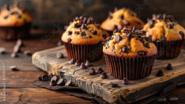 Obraz Freshly baked chocolate chip muffins on rustic wooden board with scattered chocolate chips. Generative AI.