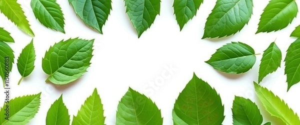 Fototapeta Green leaves, vibrant foliage, botanical illustration, white background, scattered pattern, fresh, natural, organic, crisp details, high contrast, macro photography, leaf veins visible, various leaf s