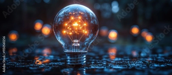 Fototapeta Glowing lightbulb with network inside, dark background.