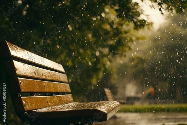 Fototapeta Empty bench getting wet in the rain in a city park