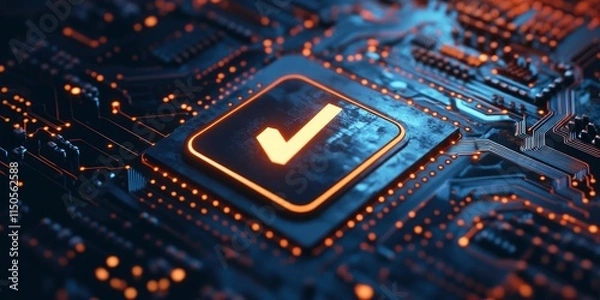 Obraz An illuminated checkmark on top of an electronic circuit board