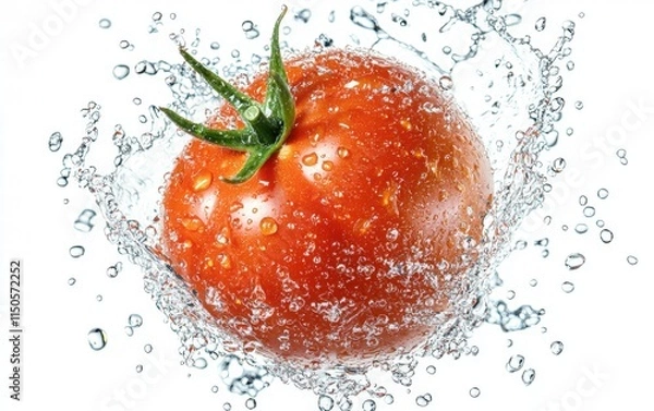 Fototapeta A fresh red tomato floating mid-air with a splash of water droplets, isolated on a bright white background