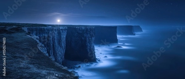 Fototapeta Majestic ice-capped mountains and floating icebergs reflect in calm blue waters at dawn in a serene arctic landscape