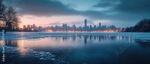Fototapeta Majestic ice-capped mountains and floating icebergs reflect in calm blue waters at dawn in a serene arctic landscape